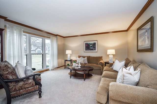 carpeted living room with crown molding