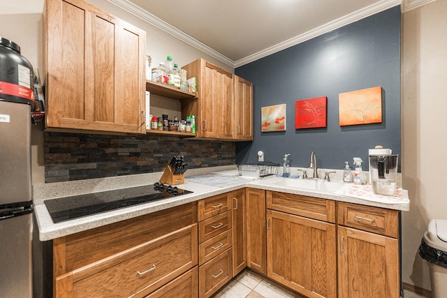 kitchen featuring open shelves, tasteful backsplash, light countertops, ornamental molding, and black electric cooktop