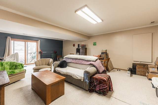 carpeted bedroom with baseboards, access to exterior, and crown molding