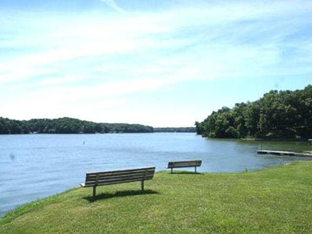 dock area with a water view and a lawn