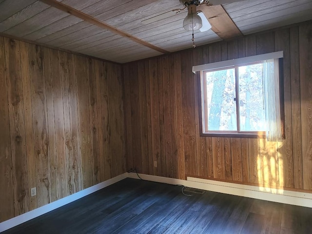 spare room with wood ceiling, dark hardwood / wood-style floors, and ceiling fan