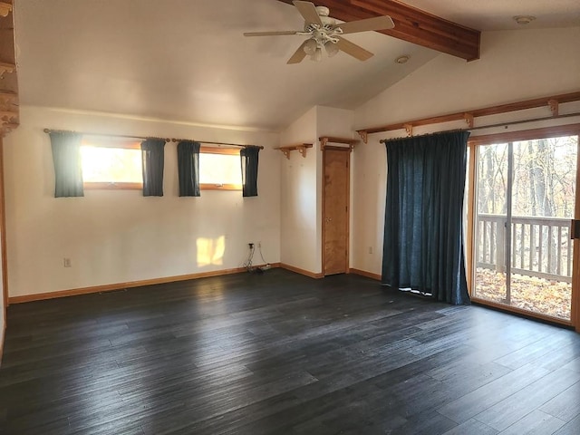 unfurnished room with ceiling fan, dark hardwood / wood-style floors, and vaulted ceiling with beams