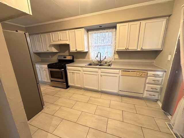 kitchen featuring sink, crown molding, light tile patterned floors, stainless steel appliances, and white cabinets