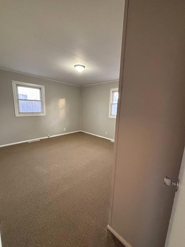 spare room featuring ornamental molding, a healthy amount of sunlight, and carpet flooring