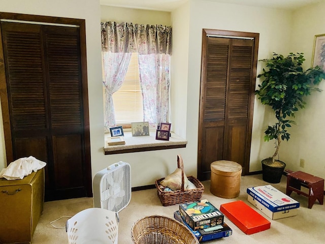 sitting room with light colored carpet