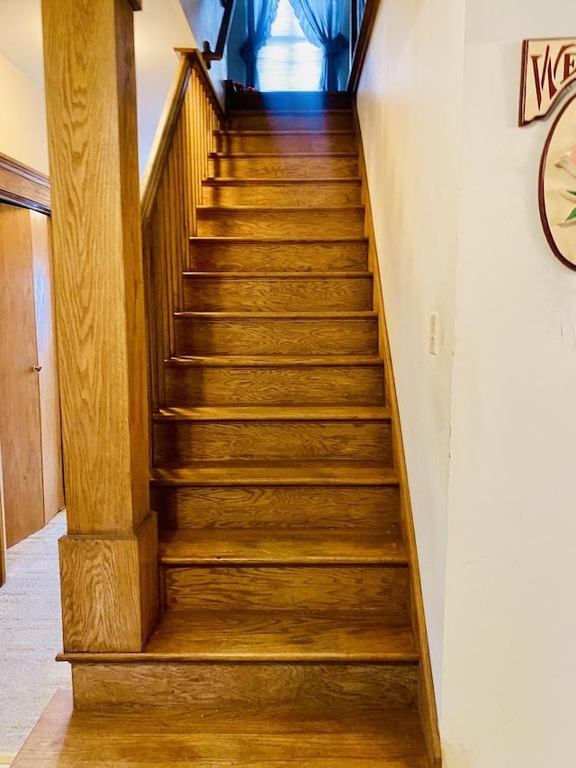 stairs featuring carpet floors