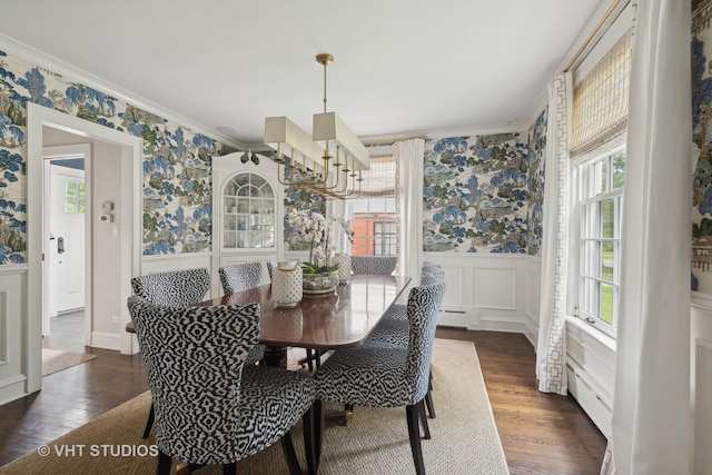dining room with a baseboard heating unit, ornamental molding, a healthy amount of sunlight, and dark hardwood / wood-style flooring
