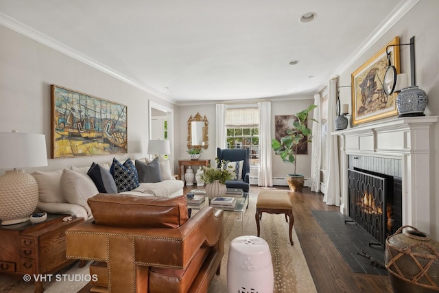 living room featuring ornamental molding and dark hardwood / wood-style floors