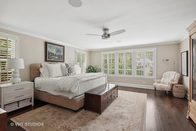 bedroom featuring wood-type flooring, ornamental molding, and ceiling fan