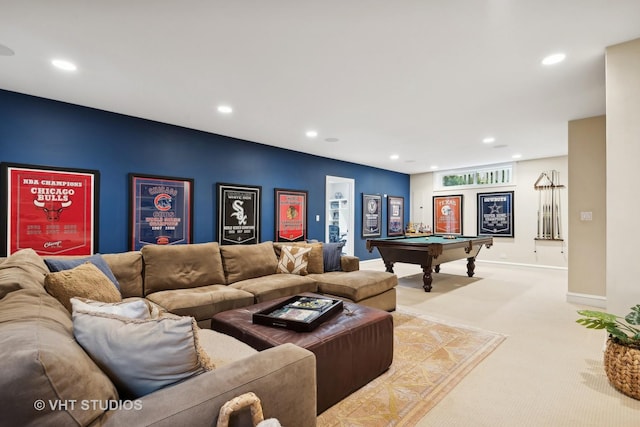 carpeted living room with billiards