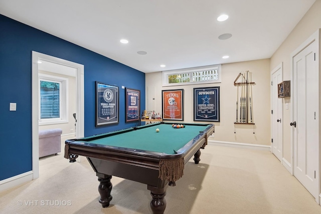 recreation room featuring light colored carpet and billiards