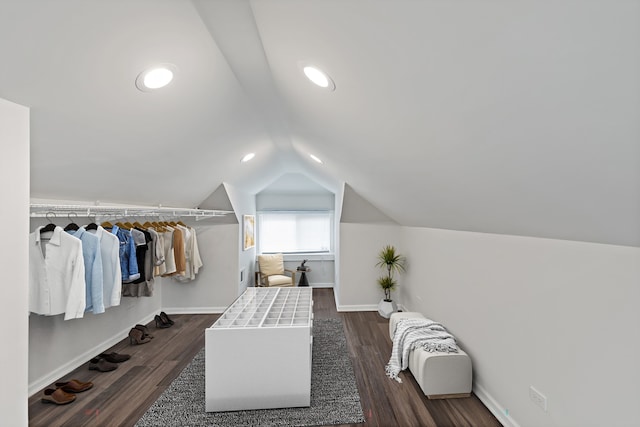 walk in closet featuring lofted ceiling and dark hardwood / wood-style flooring