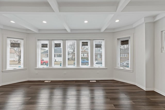 unfurnished room with coffered ceiling, dark hardwood / wood-style flooring, and beam ceiling