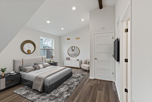 bedroom featuring lofted ceiling with beams and dark hardwood / wood-style floors