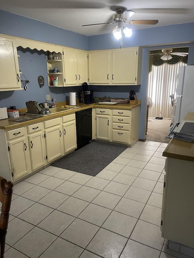 kitchen with open shelves, light tile patterned floors, a ceiling fan, freestanding refrigerator, and dishwasher