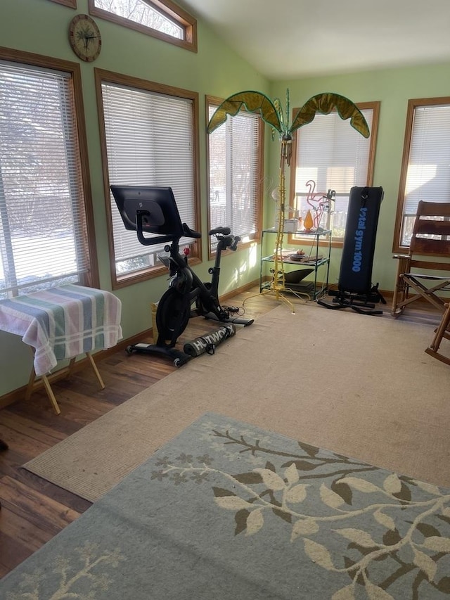 exercise room with lofted ceiling, wood finished floors, and baseboards