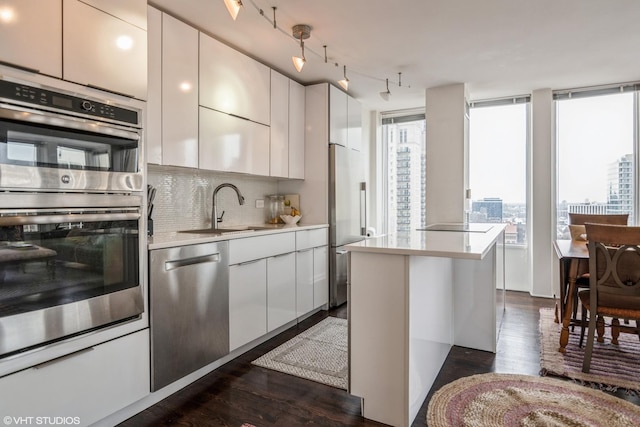 kitchen featuring sink, white cabinetry, tasteful backsplash, appliances with stainless steel finishes, and dark hardwood / wood-style flooring