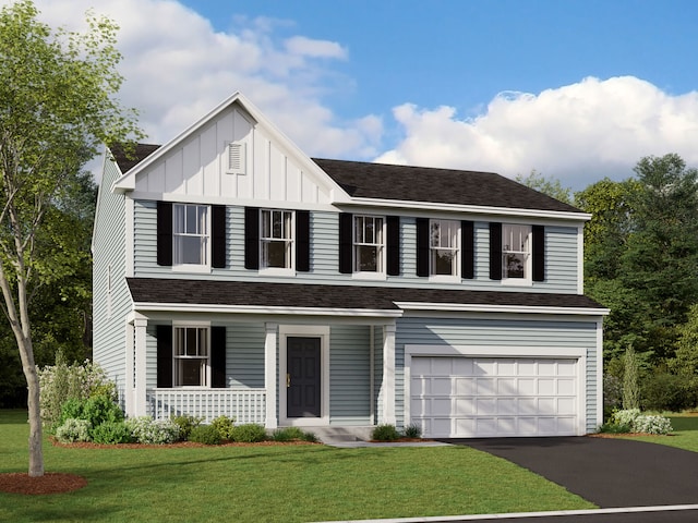 view of front of property featuring a garage, a front lawn, and covered porch