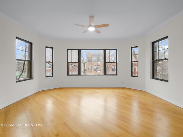 empty room featuring a ceiling fan, light wood-style floors, baseboards, and ornamental molding