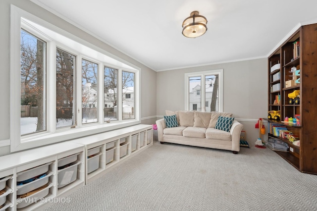 carpeted living room featuring ornamental molding