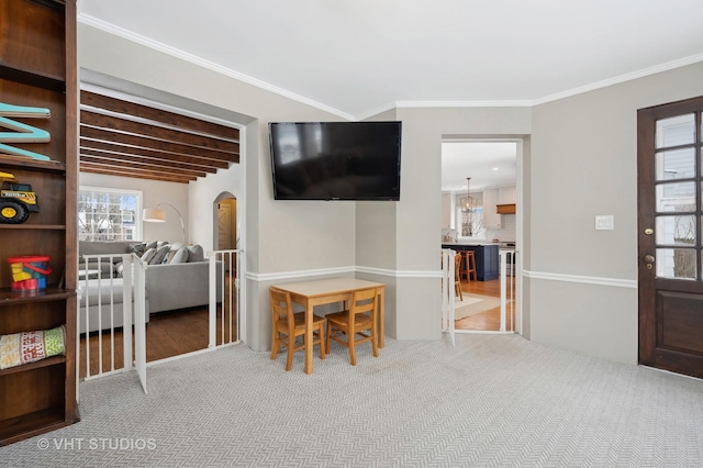 interior space featuring arched walkways and crown molding