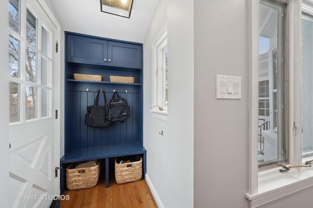 mudroom featuring wood finished floors, baseboards, and a healthy amount of sunlight