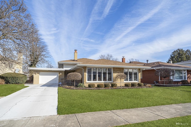 ranch-style house with a garage and a front lawn