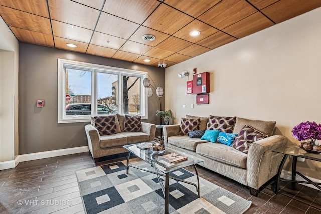 living room with visible vents, baseboards, wood ceiling, recessed lighting, and wood finished floors