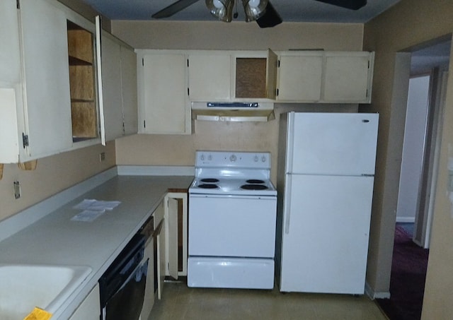 kitchen featuring white cabinetry, white appliances, exhaust hood, and ceiling fan