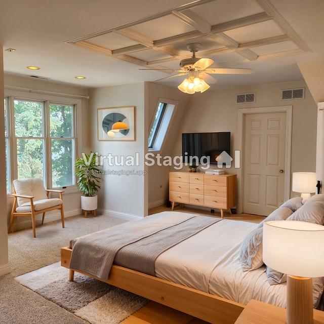 bedroom featuring coffered ceiling and ceiling fan