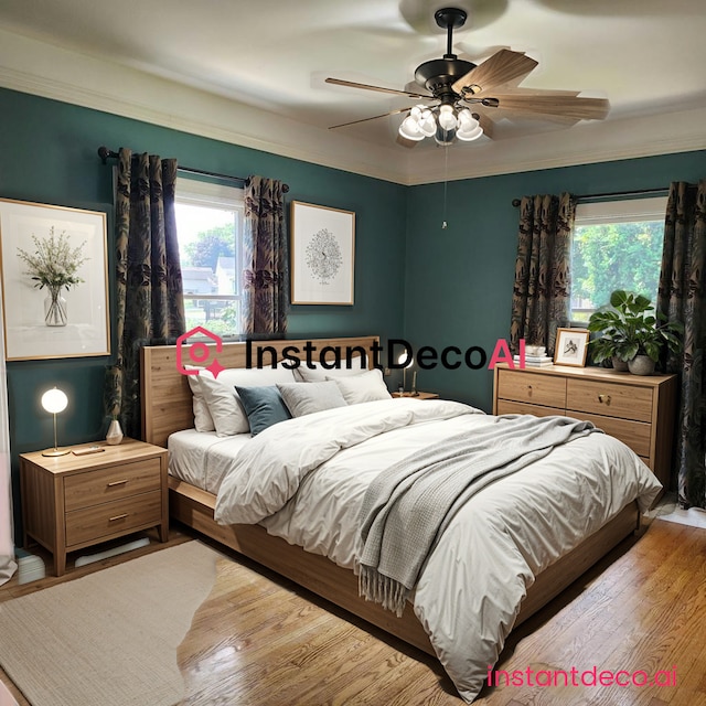 bedroom with light hardwood / wood-style flooring and ceiling fan