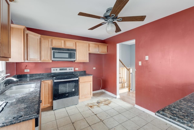 170 N Normandy Dr, Chicago Heights, IL 60411 - kitchen featuring light tile patterned flooring, sink, dark stone countertops, appliances with stainless steel finishes, and ceiling fan