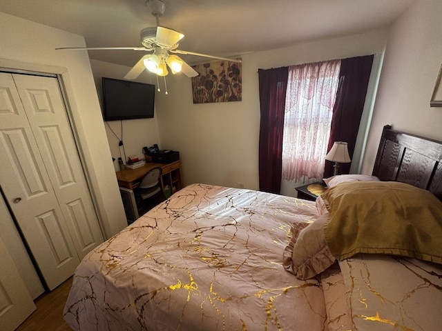 bedroom featuring hardwood / wood-style flooring, ceiling fan, and a closet