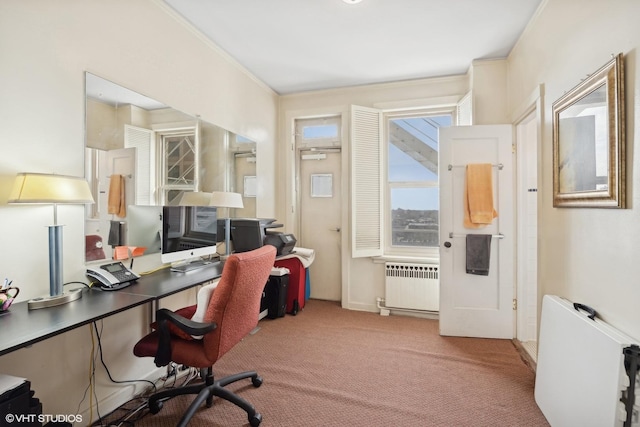 carpeted home office featuring radiator