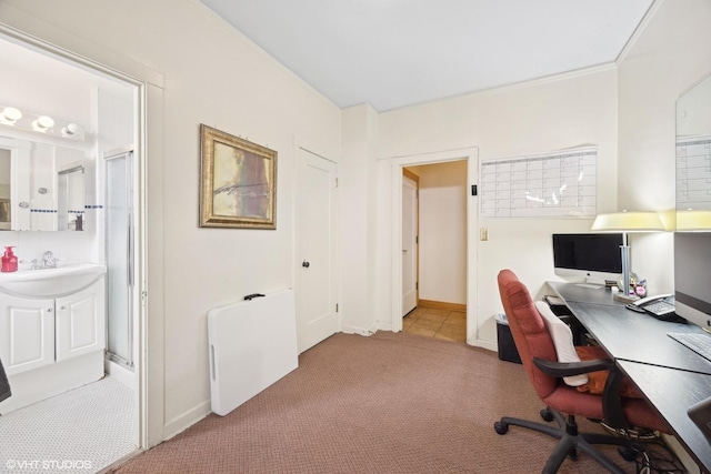 office with light colored carpet and sink