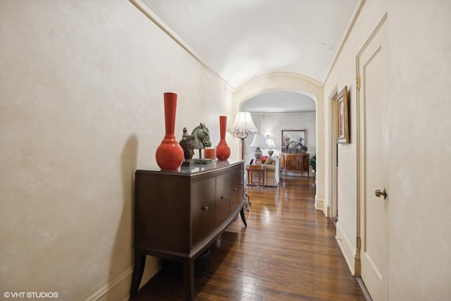 hallway featuring ornamental molding, lofted ceiling, and dark hardwood / wood-style floors