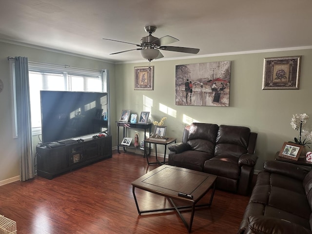 living room featuring crown molding, dark wood-type flooring, and ceiling fan