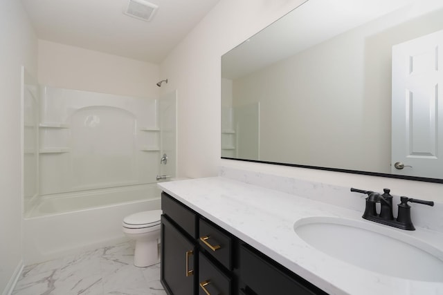 full bathroom with vanity, bathtub / shower combination, and toilet