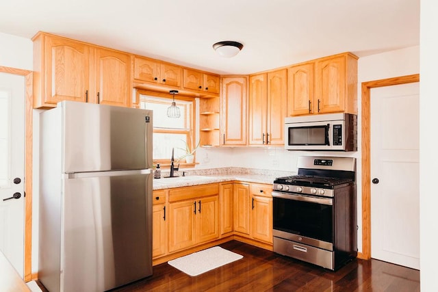 kitchen with appliances with stainless steel finishes, dark hardwood / wood-style floors, sink, and light brown cabinetry