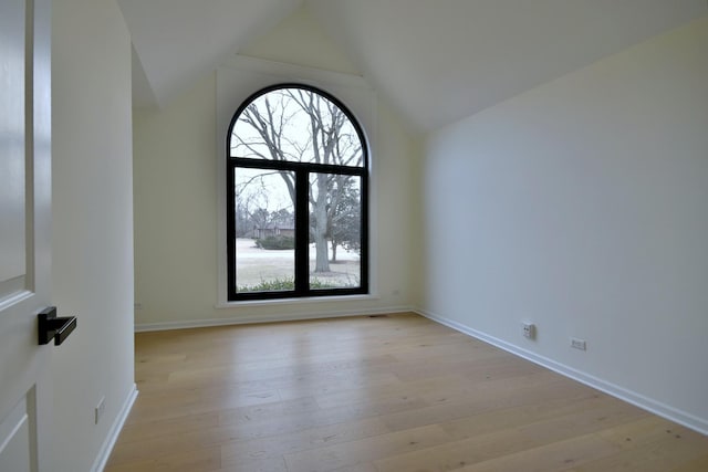 spare room featuring vaulted ceiling, a wealth of natural light, and light hardwood / wood-style floors