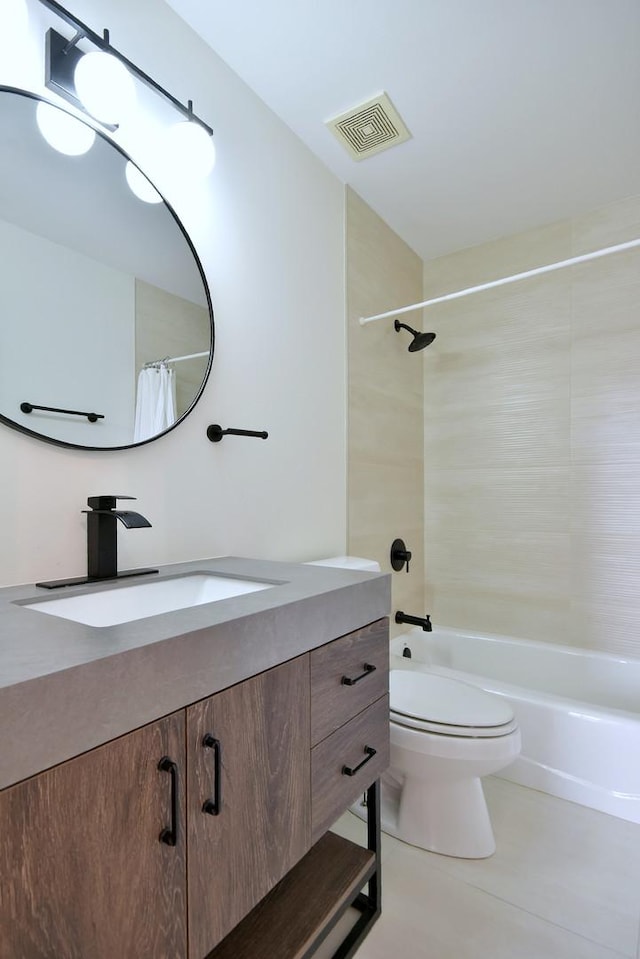 full bathroom featuring tile patterned floors, toilet, shower / tub combo, and vanity