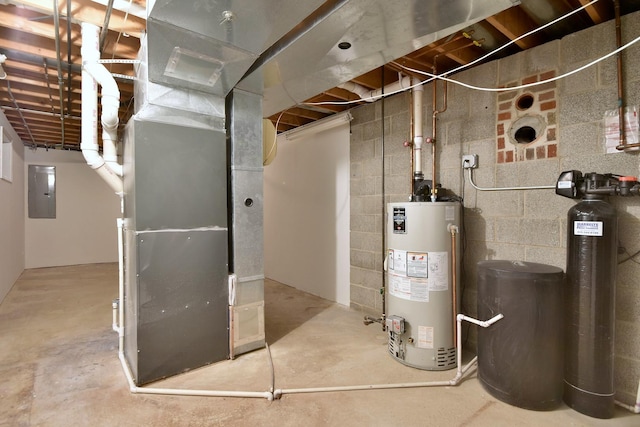 utility room with heating unit, electric panel, and water heater