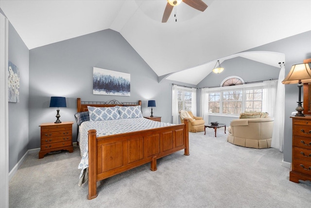 carpeted bedroom with lofted ceiling and ceiling fan