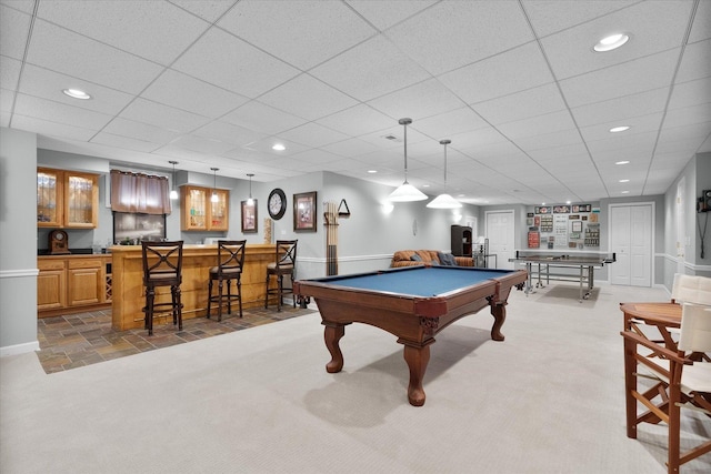 rec room featuring carpet, pool table, a paneled ceiling, and indoor bar