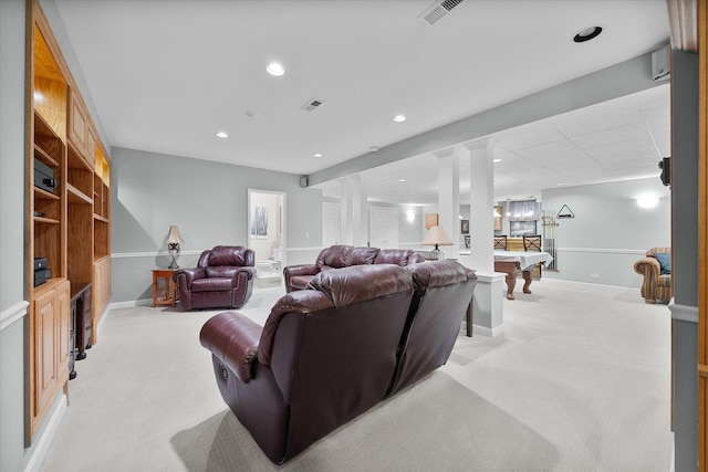 living room featuring billiards and light colored carpet