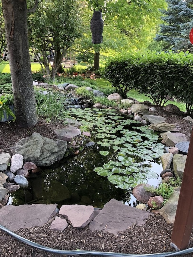 view of yard featuring a garden pond