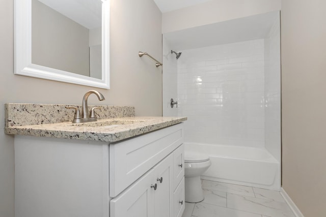 full bathroom with marble finish floor, shower / bath combination, toilet, vanity, and baseboards