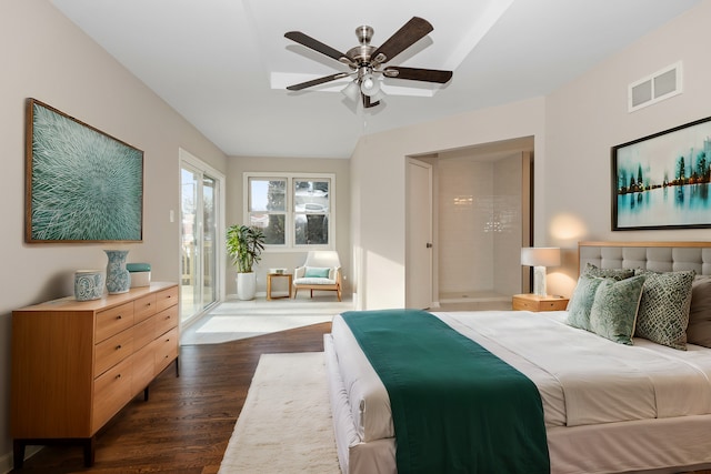 bedroom featuring dark wood-type flooring, access to outside, visible vents, and ceiling fan