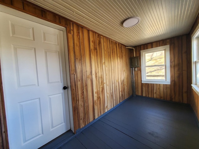 empty room featuring dark wood-style floors, wood ceiling, and wood walls