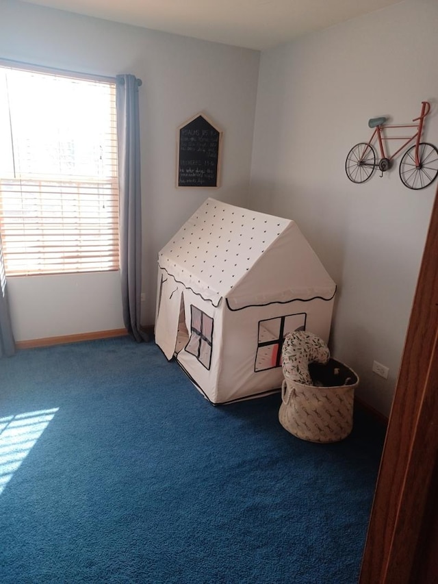 bedroom with dark carpet